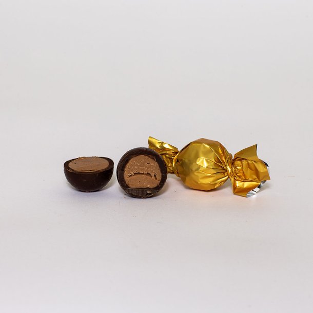 Luksus chokoladekugle m/logo, guld m/mrk &amp; haselnddecreme
