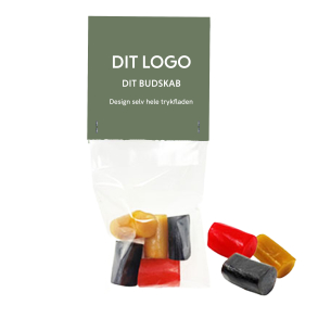 Cellofanpose med topkort m. s&oslash;d Lakrids/karamel propper. (r&oslash;d/sort/brun) ca. 10g