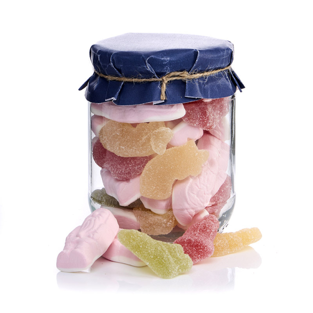 Glas m. h�tte m/Skumnisser og julevingummier 215g - Gl�delig Jul