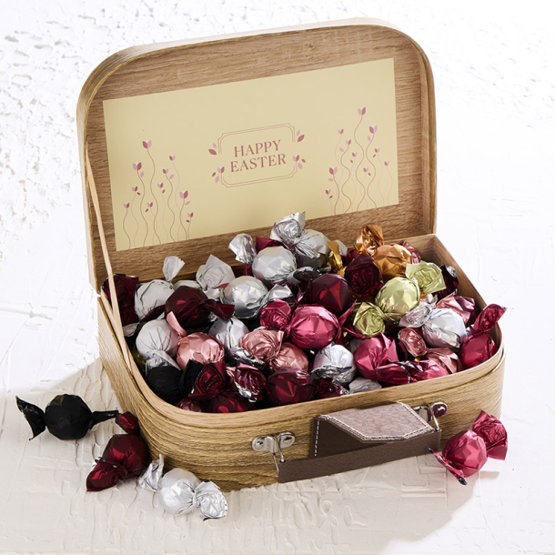 Gavekuffert mellem m/luksus chokoladekuglemix 1000g - HAPPY EASTER