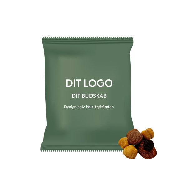 Flowpack Foliepose 98x70mm &Oslash;kologisk n&oslash;ddeblanding m. rosiner, letsaltede mandler og ristede hasseln&oslash;dder 25getsaltede mandler og ristede hasseln&oslash;dder 25g